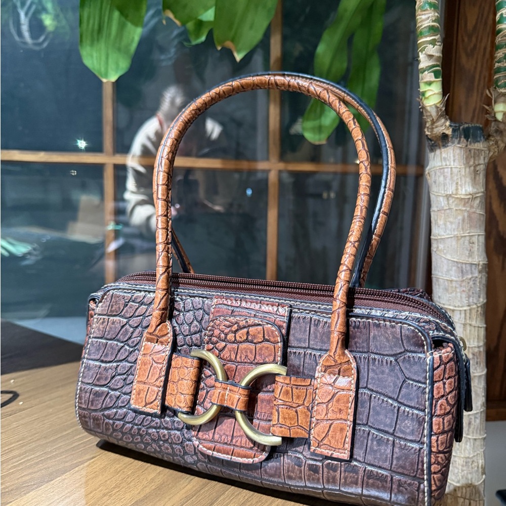 Y2K Faux Croc Shoulder Bag with Brass Detail